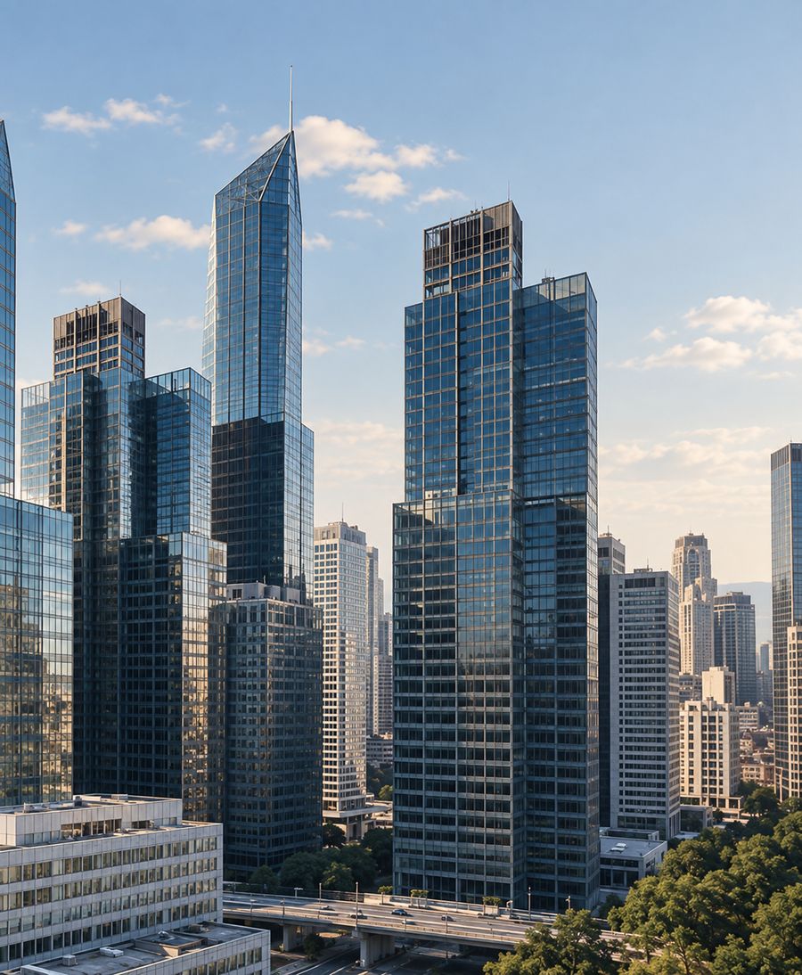 Glass towers of a central business district under a clear sky
