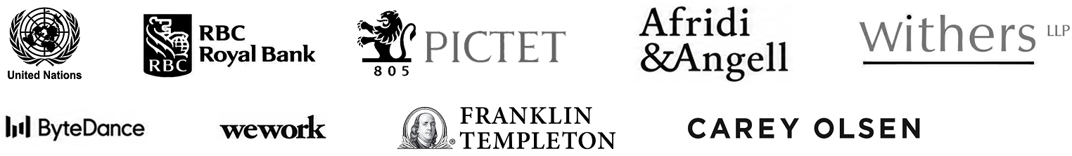 United Nations, RBC Royal Bank, Pictet, Afridi & Angell, Withers, ByteDance, WeWork, Franklin Templeton and Carey Olsen logos