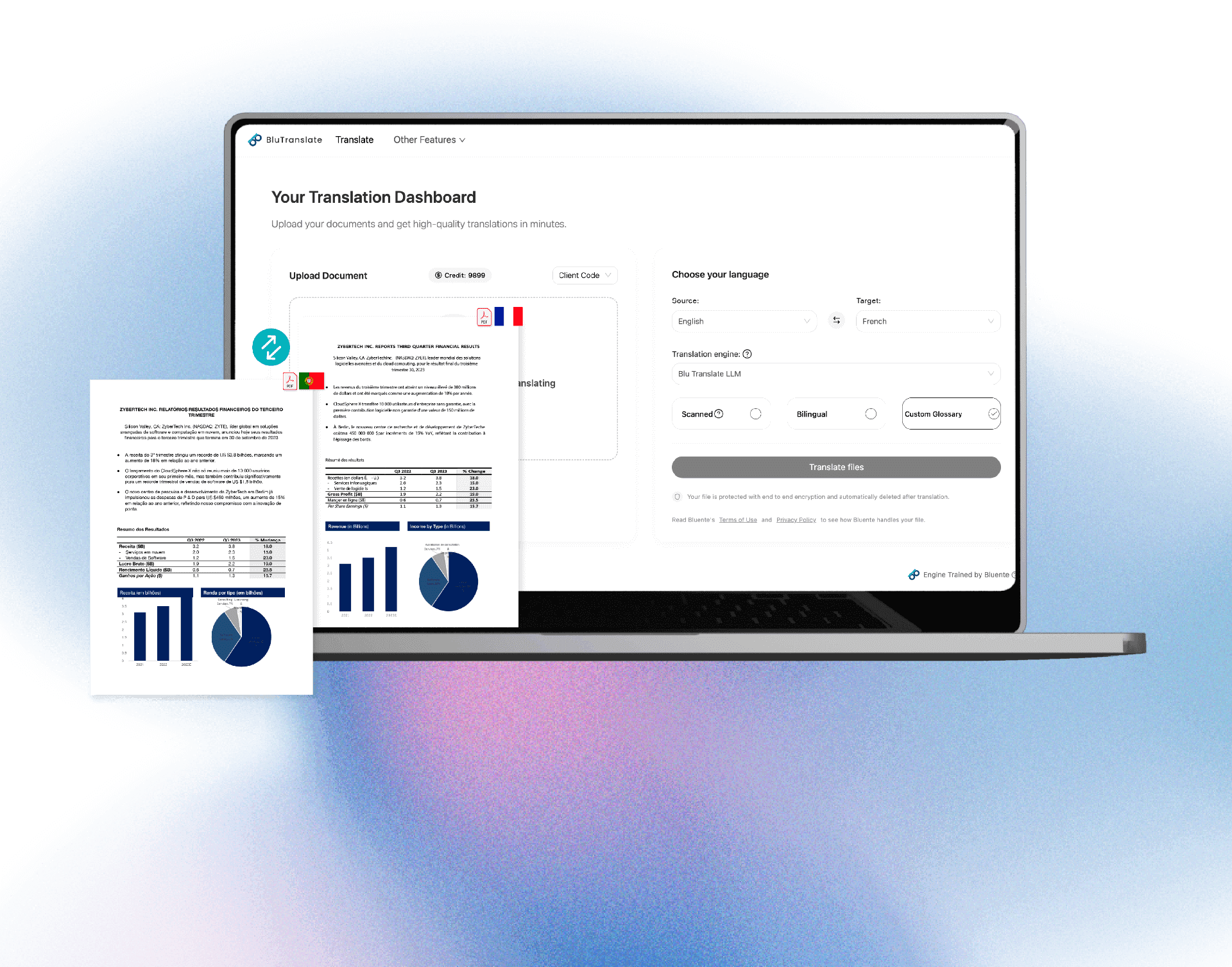 BluTranslate dashboard interface showing document translation features, file upload area, and translation progress