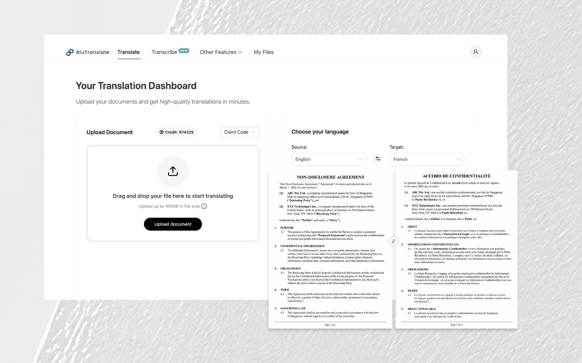 The BluTranslate Transcribe screen: a completed transcription ready to download beside a document preview showing a speaker-keyed, timecoded transcript
