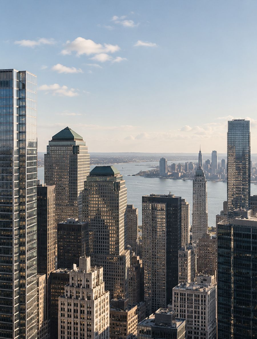 Downtown financial district skyline at golden hour