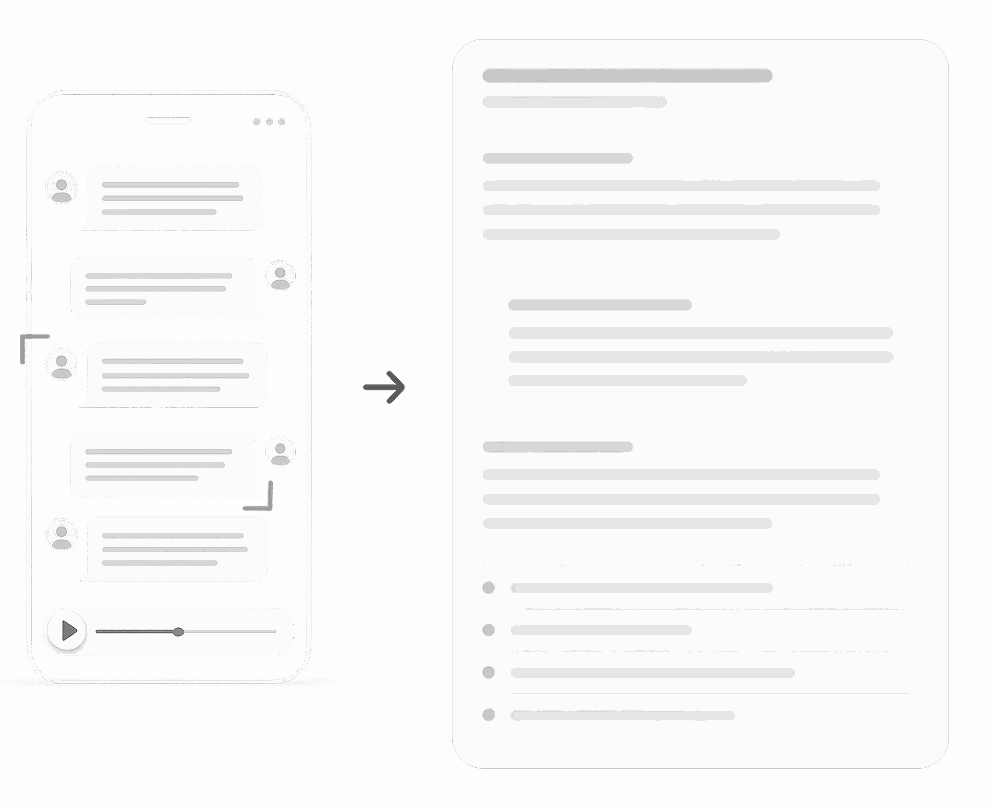 A phone message thread converting into a structured written transcript