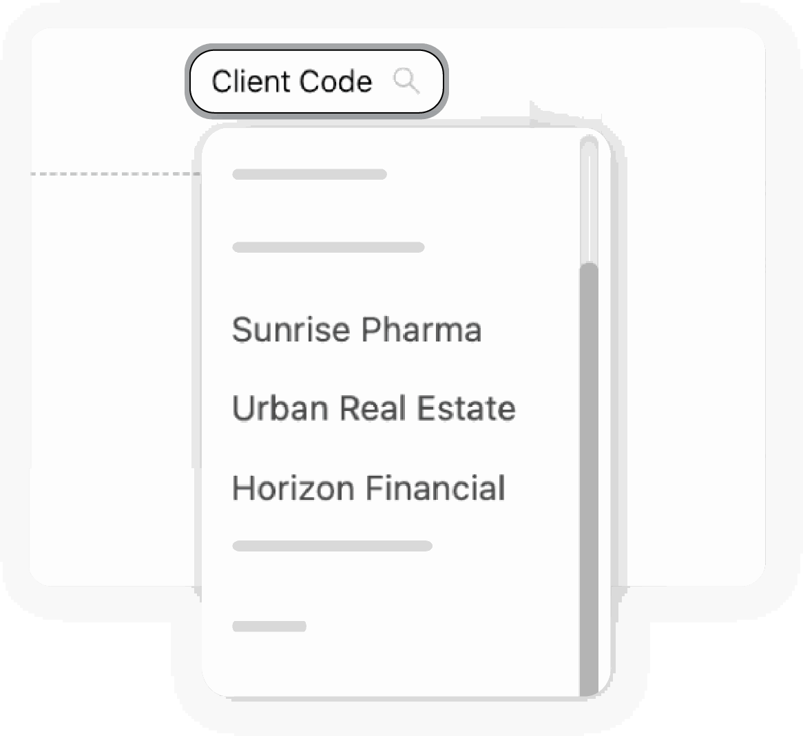 A client code search field with a dropdown listing Sunrise Pharma, Urban Real Estate and Horizon Financial
