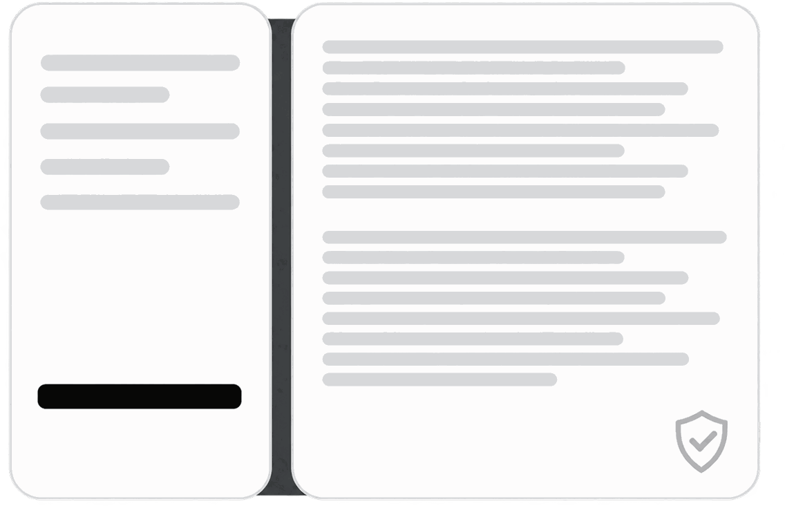 An open document spread with a redacted line and a certification shield
