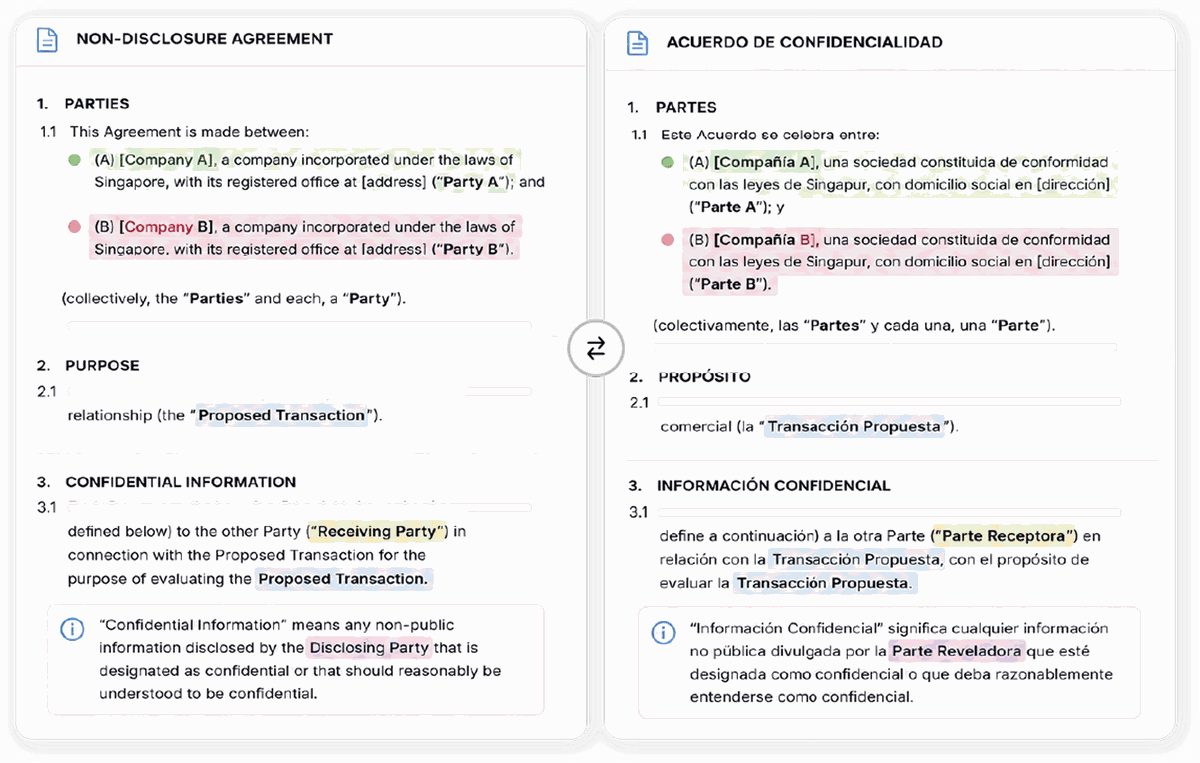 A bilingual agreement with tracked edits and highlighted defined terms