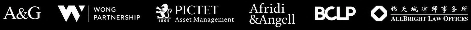 Logos of A&G, WongPartnership, Pictet Asset Management, Afridi & Angell, BCLP and AllBright Law Offices