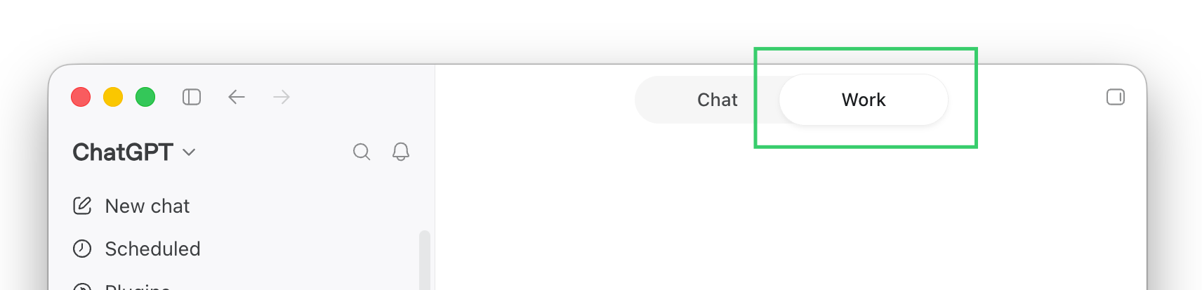 The ChatGPT window with the Chat / Work toggle at the top, Work selected