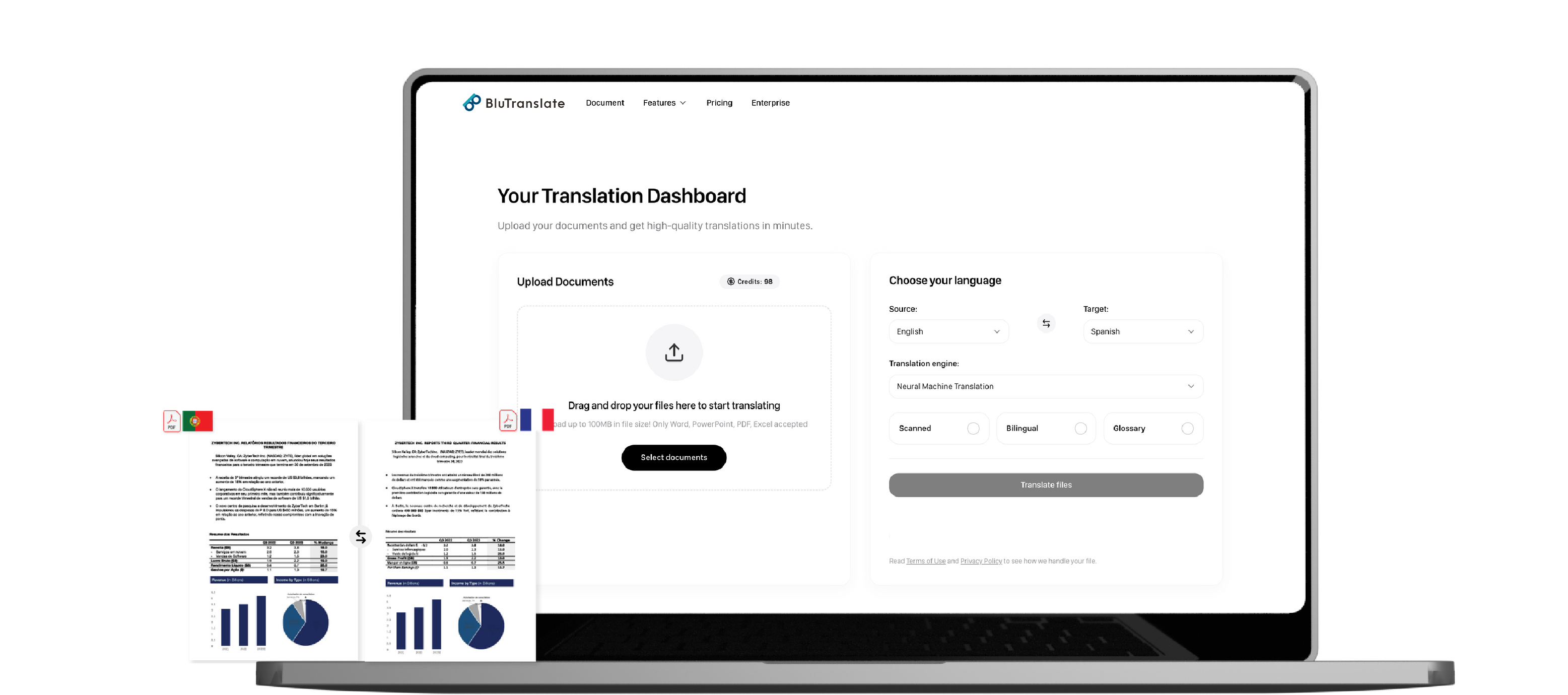 PDF translation dashboard showing document upload and translation interface